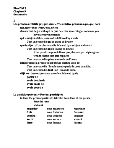 Bien Dit 2 Chapitre 9 Grammaire Study guide