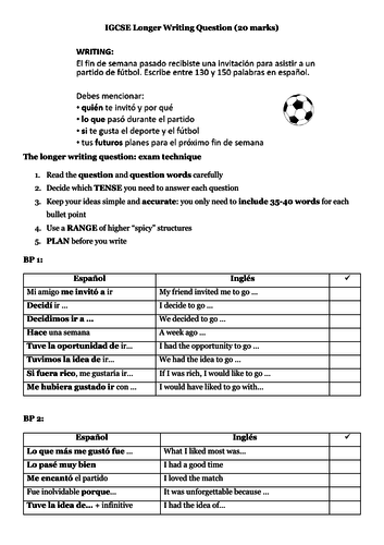 Spanish GCSE scaffolded writing task: visit to football match (preterite tense) with complex phrases