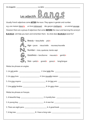 FRENCH Adjectives Les Adjectifs B a n g s Worksheets Teaching Resources