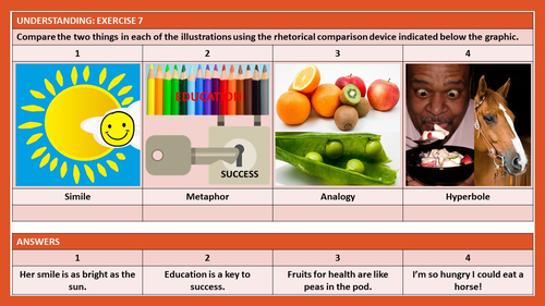 RHETORICAL COMPARISON DEVICES SIMILE METAPHOR HYPERBOLE ANALOGY 