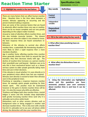 AQA GCSE Biology (Science) Reaction Time Required Practical Lesson ...