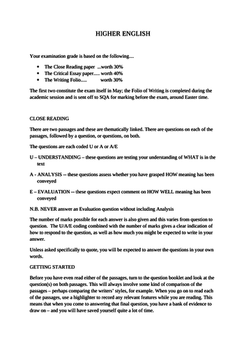 HIGHER or National 5 Reading for Understanding, Analysis and Evaluating (RUAE) revision/ advice