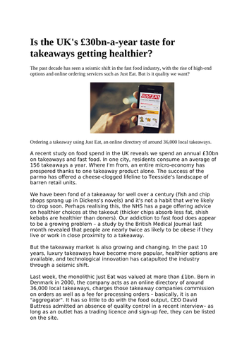 National 5 / Higher Reading for Understanding, Analysis and Evaluating (RUAE) Passage- Just Eat