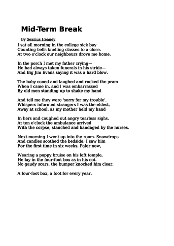 Active Literacy- Poetry- 'Mid-Term Break' by Seamus Heaney SoW ...