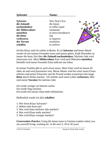 German Reading New Year’s Eve - Sylvester - Neu Jahr (Future tense)