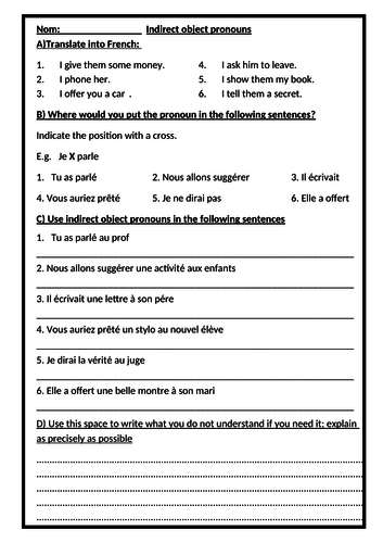 Indirect Object Pronouns In French Worksheet Teaching Resources