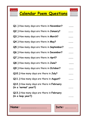 Calendar Poem - TIME WORK | Teaching Resources