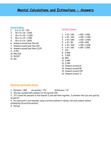 White Rose Year 6 Block 2 Four Operations - Mental Calculations and Estimations