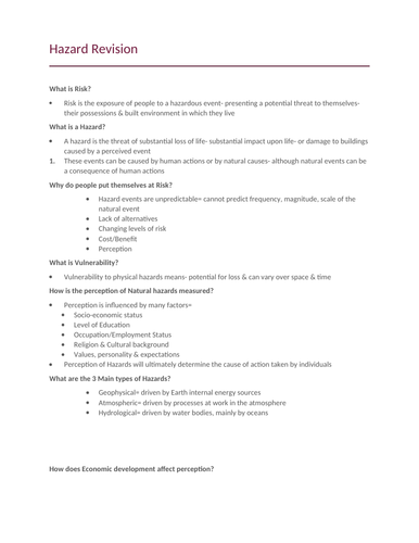 New AQA A-Level Geography Hazard Revision Notes- Grade A