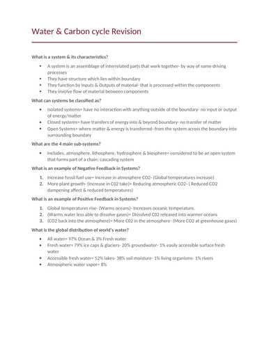 New AQA A-Level Geography Water and Carbon Notes- GRADE A