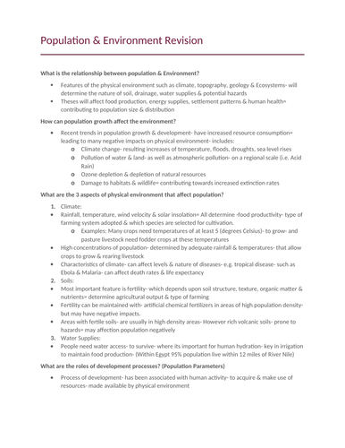 NEW AQA A LEVEL HUMAN GEOG POP & ENV NOTES- GRADE A