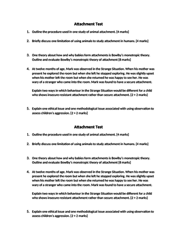 AQA Psychology Attachment: Test on Attachment Topic