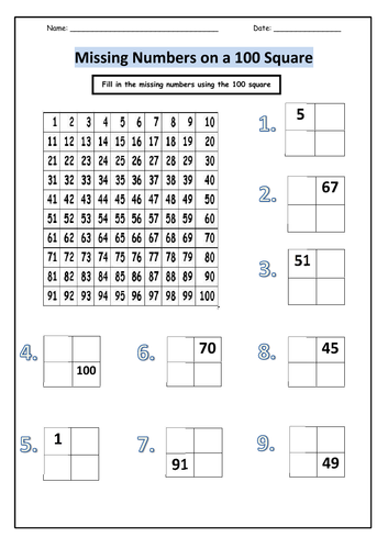 100 Square Missing Numbers Worksheet With Answers