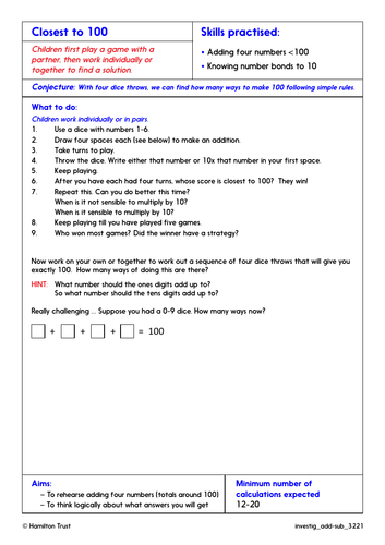 Problem-Solving Investigation: Mental calculation – complements to 100 (Y3 Addition & Subtraction)