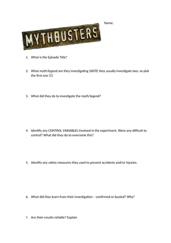 Mythbusters Science Episode Worksheet Teaching Resources