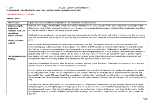 BTEC Tech award in Enterprise level 1 / 2 example coursework answer for C1 LAC (course ends in 2023)