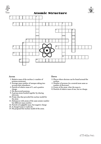 Atomic Structure Crossword Teaching Resources