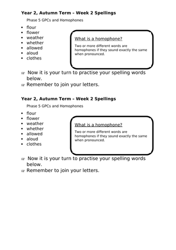 No Nonsense Spellings - Year 2 - Autumn Term - Week 2 Lesson Resources