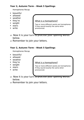 No Nonsense Spellings - Year 2 - Autumn Term - Week 5 Lesson Resources