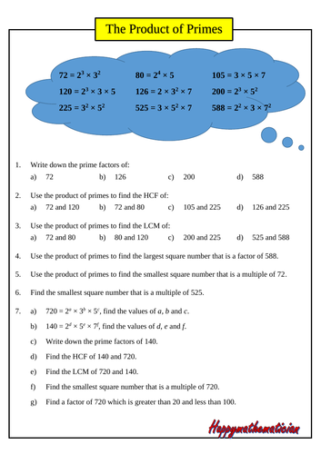 The Product Of Primes Worksheet Including HCF And LCM Answers 