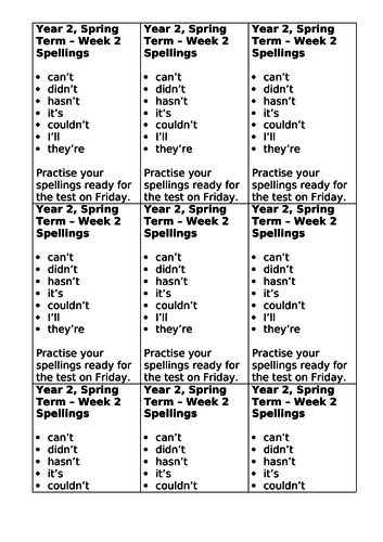 Year 2, No Nonsense Spelling List - Spring, Week 2