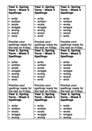 Year 2, No Nonsense Spelling List - Spring, Week 5