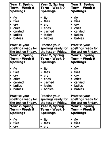 Year 2, No Nonsense Spelling List - Spring, Week 9
