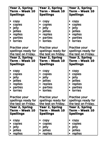 Year 2, No Nonsense Spelling List - Spring, Week 10
