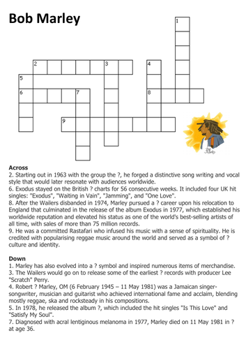 Bob Marley Crossword