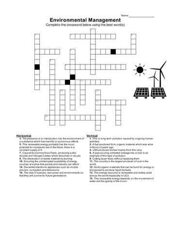 ENVIRONMENTAL MANAGEMENT Crossword Puzzle w/ answer key (version 2