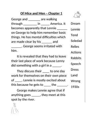 Of Mice and Men chapter 1 fill in the gaps | Teaching Resources