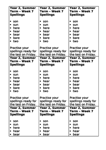 Year 2, No Nonsense Spelling List - Summer, Week 7