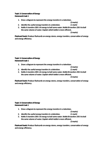 Conservation of Energy - Homework Tasks | Teaching Resources