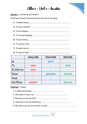 Allez 2 - Unit 4.2 - les ados et l'argent - chores - numbers - money ...