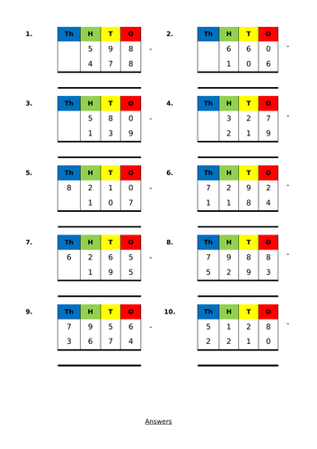 Year 4 - Subtracting two 4-digit numbers (one exchange)