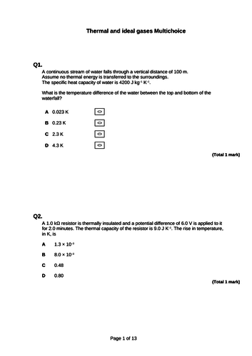 Multichoice practise - Thermal physics and ideal gases - AQA A-level Physics