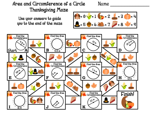 Area and Circumference of a Circle Activity: Thanksgiving Math Maze ...