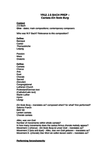 Edexcel A Level Music Bach set work prep. work