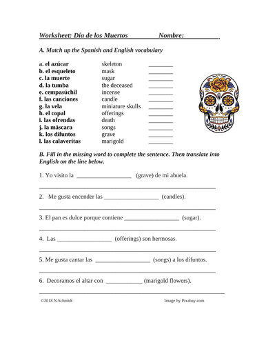 Día de los Muertos: Spanish Worksheet on Day of the Dead