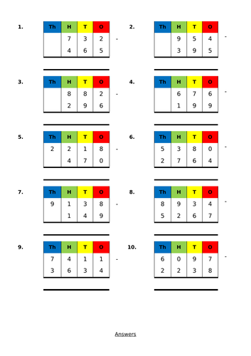 Year 4 - Subtracting two 4-digit numbers (multiple exchanges)