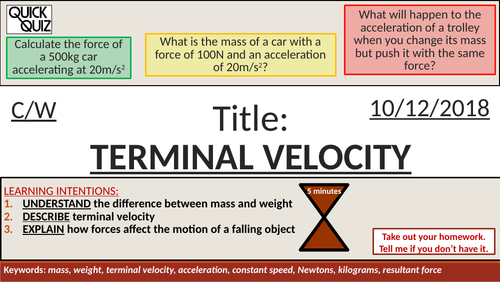KS4 New GCSE (9-1) - Weight and Terminal Velocity (AQA P10.2 Force and Motion)