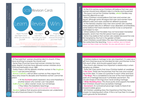 GCSE/KS4 RE I Religion & Human Relationships Revision Cards