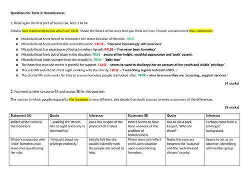 Aqa 8700 Paper 2 Homelessness Texts Teaching Resources