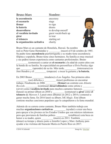 Bruno Mars Biography + Worksheet on Preterite / Pretérito: Biografía