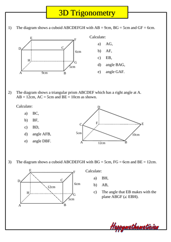 Trigonometry in 3D - 10 GCSE Standard Questions With answers | Teaching ...