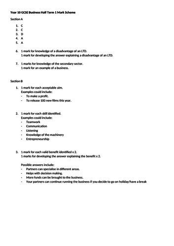 3.1 GCSE AQA Business 9-1- Half Term 1 Assessment