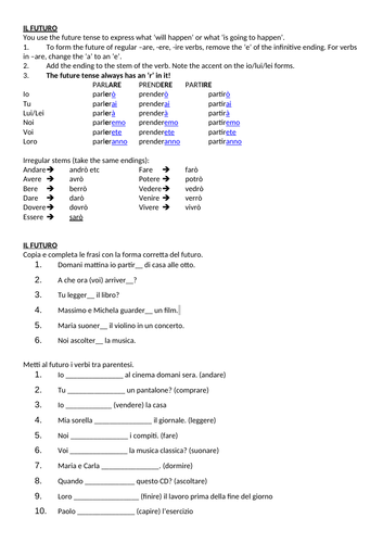 Italian Grammar And Tense Worksheets Teaching Resources