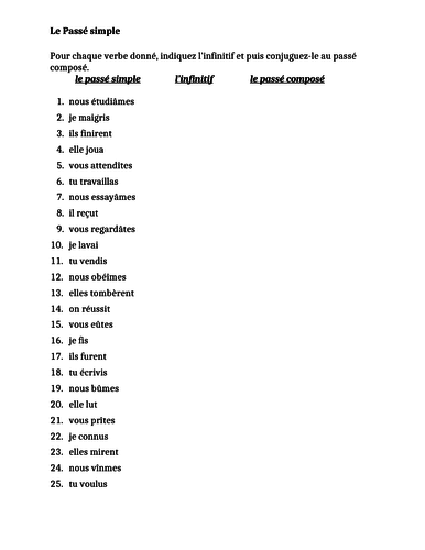 Passé Simple in French Worksheet 4
