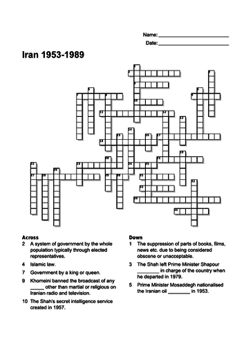 Crossword Iran 1953 1989 Teaching Resources