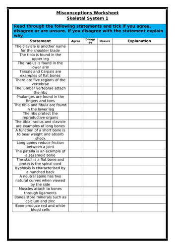 BTEC Level 3 - Skeletal System - Misconceptions worksheet 1